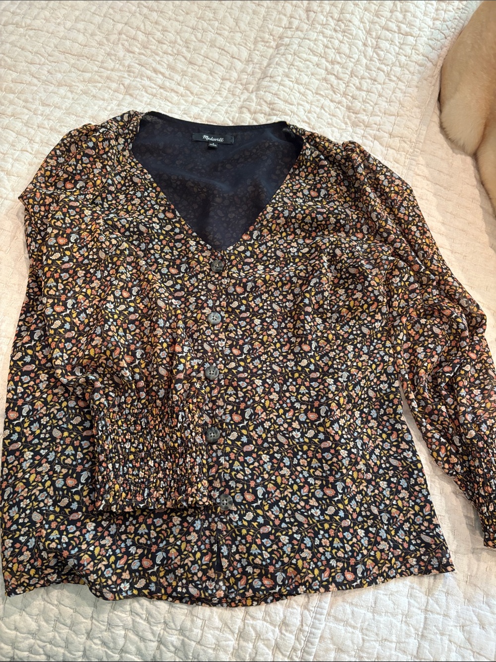 Madewell Black Multicolor Floral V-Neck Button Blouse
